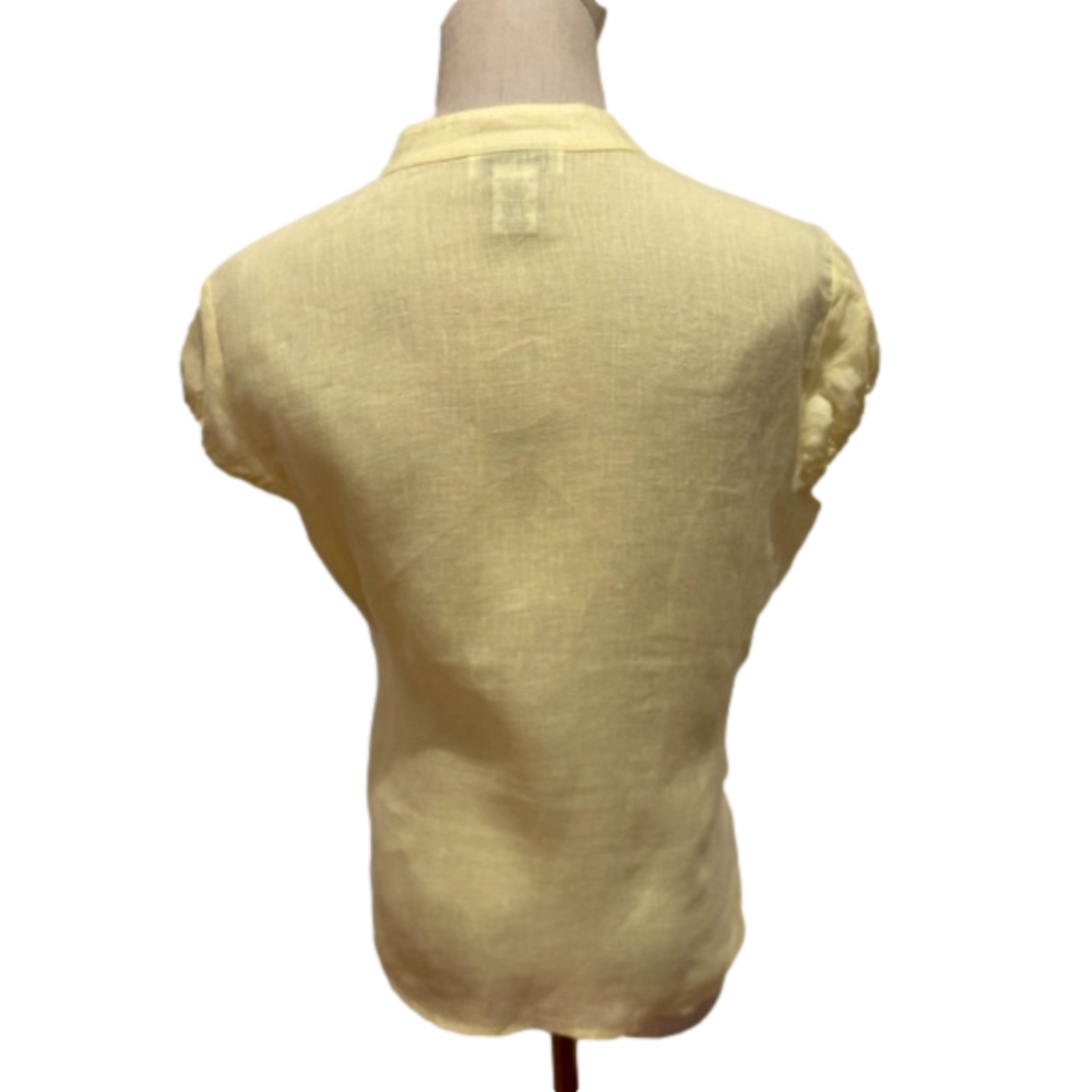 90s ALEXANDRA BARTLETT LINEN PASTEL YELLOW BOHO PUFFED SHORT SLEEVED BLOUSE SZ M - Picture 4 of 9